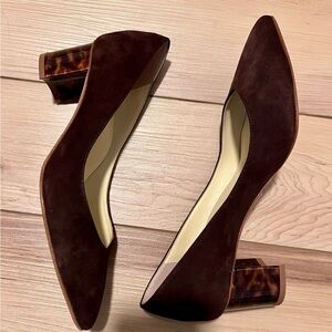 Sarah Flint Dark Brown Suede Pointed Toe Block Heel Pumps